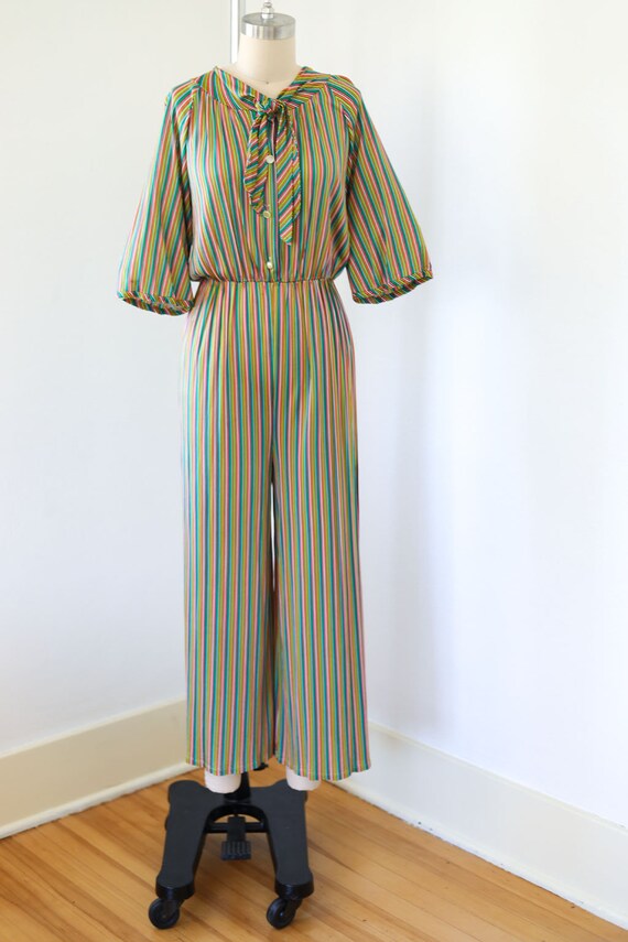 Vintage 1960s Jumpsuit Rainbow Candy Stripe Black Jersey