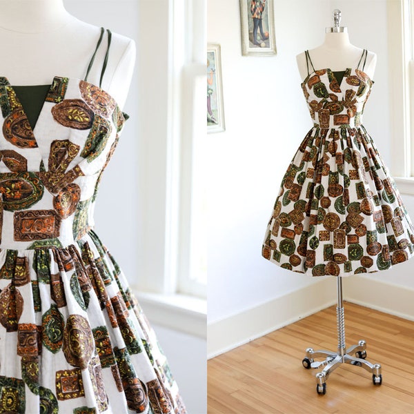 Vintage 1950s Dress - Incredible Cotton Brocade Novelty Print Baroque Pottery + Rugs Sundress Size XS to S