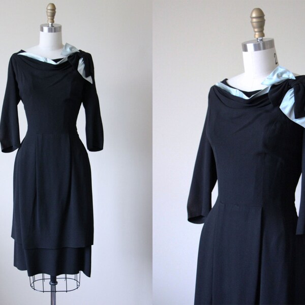 1950s Dress - Vintage 50s Dress - Black Draped Blue Bow Peplum Cocktail Party Dress M L - Bleu et Noir Dress