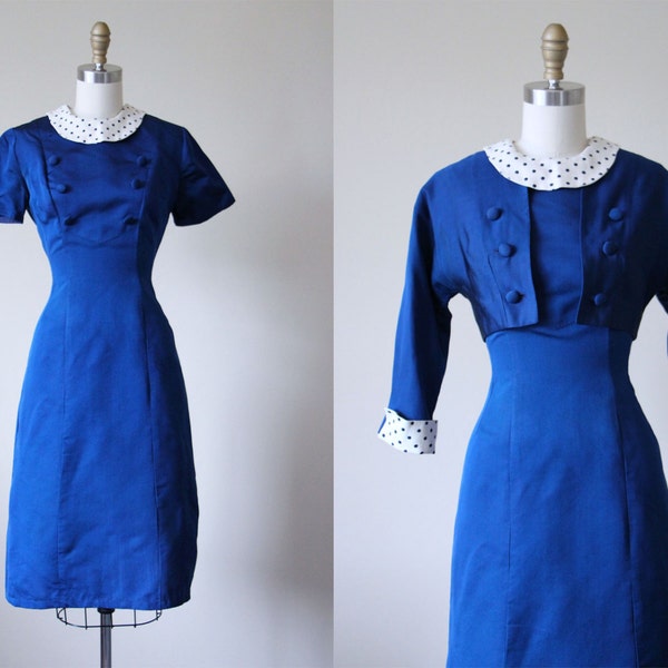 1950s Dress - Vintage 50s Dress - Cobalt Silk Polka Dots Hourglass Dress w Bolero Jacket S M - Blue Note Dress