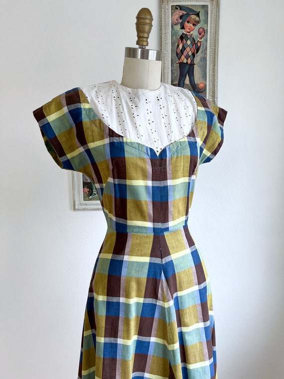Vintage 1940s Dress - Charming Brown Tan Green Pl… - image 4