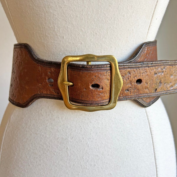 Vintage 1940s - 1970s Belt - SUPER HEAVY Mega Wide Whiskey Artisan Leather Kidney Motorcycle Belt w Brass Buckle Size S