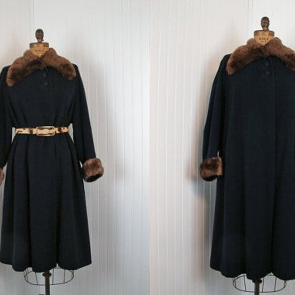 R E S E R V E D 1940s Coat - Vintage 40s Coat - Navy Blue Wool Chocolate Beaver Fur Swing Coat XL - Destined for Greatness