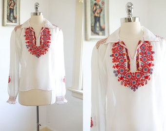 Vintage 1970s Blouse - Hungarian Embroidered + Smocked Sheer Folkloric Top Size M to L