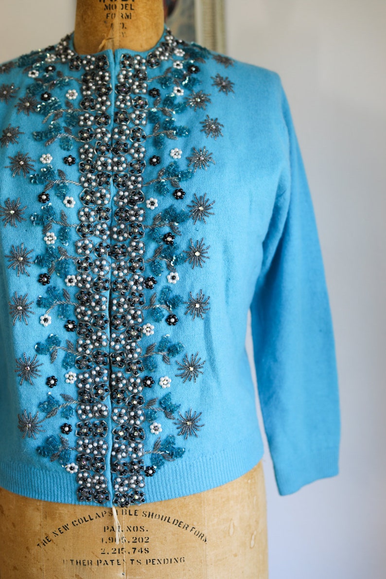 Vintage Turquoise Heavily Beaded Cashmere Sweater Exceptional Spider Mums or Snowflakes Rhinestones image 4