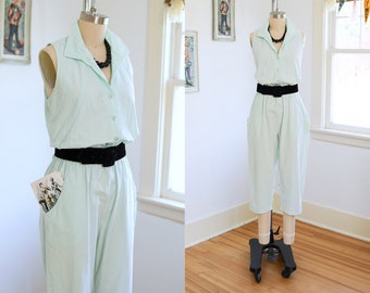 Vintage 1980s Jumpsuit - New Wave Cotton Cropped Button-Up Pale Mint Green Jumpsuit Size M to L