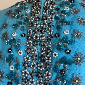 Vintage Turquoise Heavily Beaded Cashmere Sweater Exceptional Spider Mums or Snowflakes Rhinestones image 5