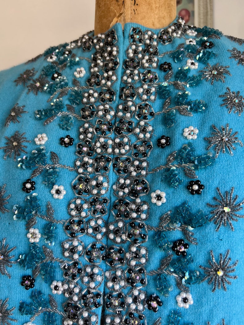 Vintage Turquoise Heavily Beaded Cashmere Sweater Exceptional Spider Mums or Snowflakes Rhinestones image 5