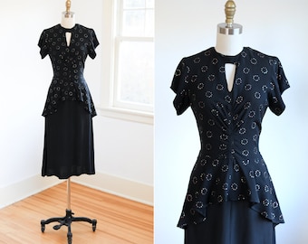 Vintage 1940s Dress - Black Rayon w Peekaboo Caged Neck, Peplum, and Rings o' Rainbow Glitter Size XS to S