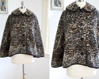 Vintage 1960s Leopard Print Cape - Faux Fur Teddy Bear Cloak Coat w Bakelite Fits Many