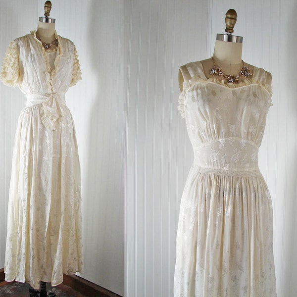 1930s Gown and Duster -  THE TROUSSEAU Vintage Ivory White Rayon Deco Wedding Nightgown and Long Jacket