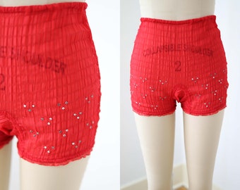 1940s Panties - Vintage 40s Scandalous Red w Rhinestones Shirred Chiffon Bloomer "Gay Baby" by Circe Sheer Nylon Shorts Size XS to S