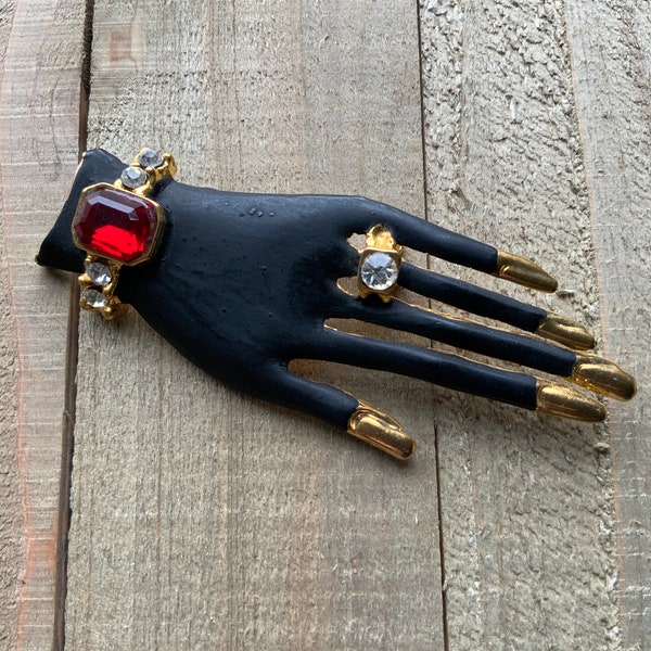 Vintage HUGEST Creepy-Pretty Coro Style Lady Hand Pin w Gold Painted Fingernails + Ring and "Ruby" Bracelet