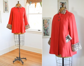 Vintage Late 1940s Cusper Coral Pink + LEOPARD Coat w Faux Fur - Darling Gloria Gay "Shorty" Bell Sleeve Deep Cuff Wool Swing Coat Fits Many