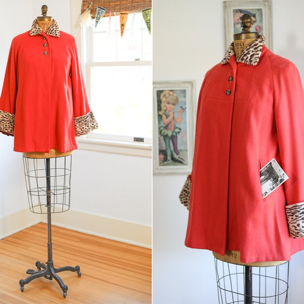 Vintage Late 1940s Cusper Coral Pink + LEOPARD Coat w Faux Fur - Darling Gloria Gay "Shorty" Bell Sleeve Deep Cuff Wool Swing Coat Fits Many