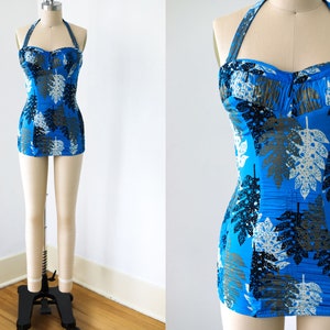 Vintage 1950s Swimsuit - Incredible Shaheen Level Blue + Gold Metallic Hawaiian Print Halter Bathing Suit Size XS to S