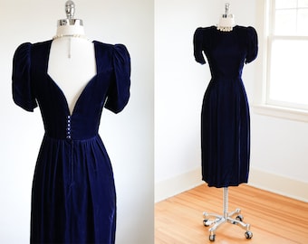 Vintage 1980s Lanz Dress - Rich Cobalt Blue Velvet 1930s Inspired w Puff Sleeves + Sinfully Cut Rear Bodice Size XS - S