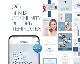 Plantillas de Instagram para publicaciones en redes sociales de Canva sobre odontología para generar interacción, diseño de plantillas azules listas para usar, descarga para dentistas, descarga digital