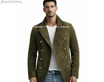 Men’s Olive Green Peacoat | Green Wool Long Coat | Historical Uniforms | Green Wool Coat for Mens