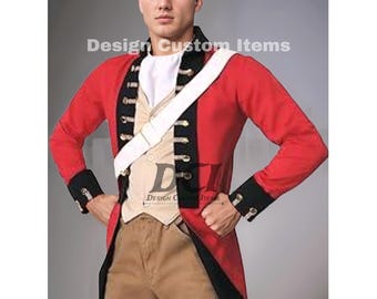 May include: A red and black military-style jacket with gold buttons and a white sash. The jacket has a long tail and is worn over a white shirt and brown pants.