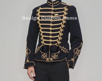 May include: A black military-style jacket with gold-colored trim and accents. The jacket features multiple rows of gold braid, decorative gold embroidery on the sleeves, and the text "Design Custom Items".