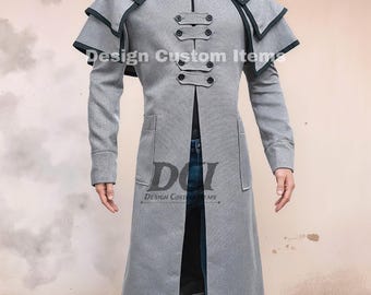 Custom Gray Wool Inverness Coat: 1890s Style Black Piping