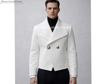 White Leather Peacoat Jacket Handmade Cowhide Leather Double Breasted Designer Winter Coat For Men