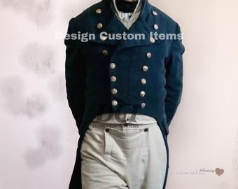 Blue Wool Tailcoat: Men's Long Coat, Pirate Costume