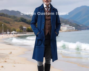 Men's Navy Blue Wool Tailcoat: 19th Century Style Long Frock Coat