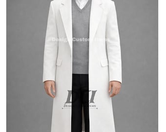 Men's Wool Pea Coat | White Pea Coat | Mens Long White Coat | Mens Wool Coat | Mens victorian pea coat