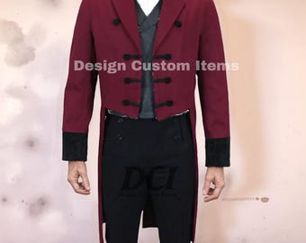 Handmade Maroon Men's Tailcoat | Men's Tailcoat | Steampunk Military Jacket | Halloween Dress | Historical uniforms