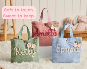 Personalized Corduroy Tote Bag, Embroidered Name, Toddler Handbag, Custom Kids Daycare Bag, First Day of School Gift, Back to School