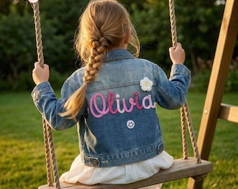 Abrigo personalizado para niños pequeños, regalo personalizado con nombre para niñas y niños, conjunto de cumpleaños, chaqueta vaquera de chenilla con nombre personalizado, chaqueta vaquera infantil bordada