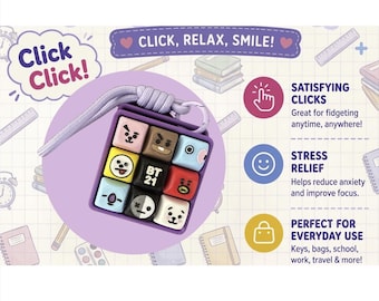 May include: A purple square fidget toy featuring nine colorful keycaps with various BT21 character faces and a central BT21 logo. The toy includes a light purple woven lanyard and a metal clip. Text on the image includes Click Click, CLICK, RELAX, SMILE!, SATISFYING CLICKS, STRESS RELIEF, and PERFECT FOR EVERYDAY USE.