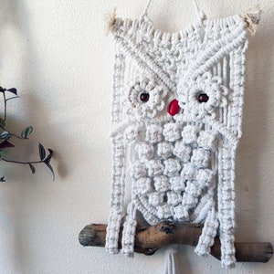May include: White macrame owl wall hanging with red bead eyes. The owl is hanging from a branch.