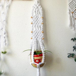 May include: White macrame plant hanger with wooden beads, holding a small terracotta pot with a green plant. The hanger is hanging on a white wall.
