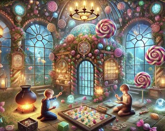 May include: A whimsical candy-themed room with two children playing a game on a colorful board. The room is decorated with candy canes, lollipops, and other sweets. There are also windows with views of a night sky.