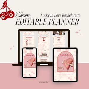 Può includere: Un design di pianificatore digitale con il testo "Lucky In Love Bachelorette EDITABLE PLANNER" visualizzato su un laptop, un telefono e un tablet. Il design presenta una combinazione di colori rosa e rosso con illustrazioni di ciliegie e le parole "Cupid's Wedding Chapel".