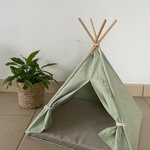 May include: A sage green pet teepee with a matching cushion inside. The teepee has a floral pattern and is supported by wooden poles tied together at the top. A potted plant in a woven basket sits to the left.