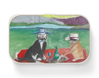 Picnic con gatti e bento box / Coppia di gatti ad acquerello vintage, scena all'aperto con champagne