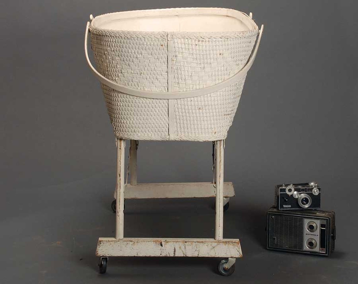 SALE Vintage White Wicker Baby Basket on Wheels Etsy