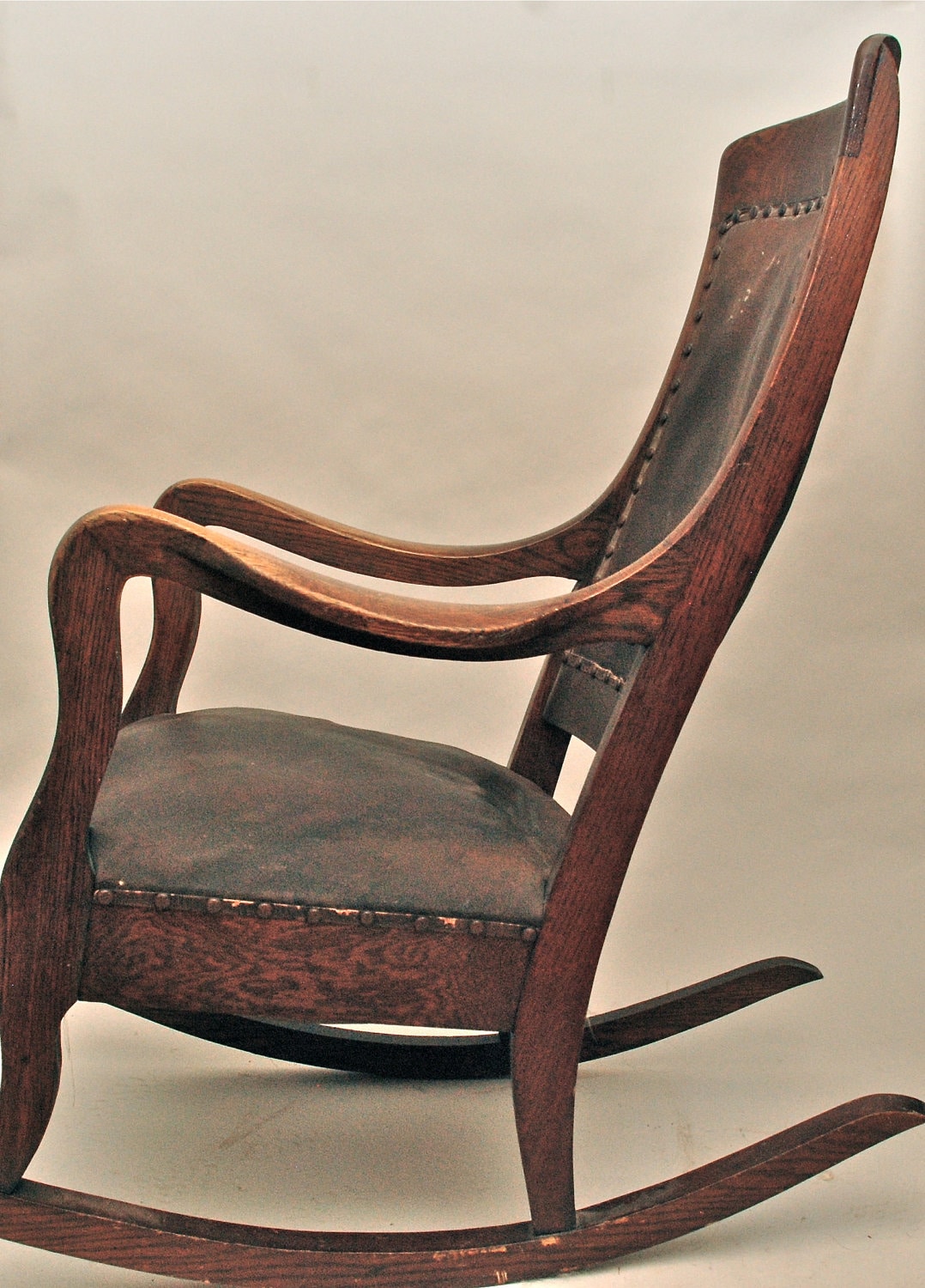 Antique High Back Oak Rocking Chair with Leather Seat and Back Etsy