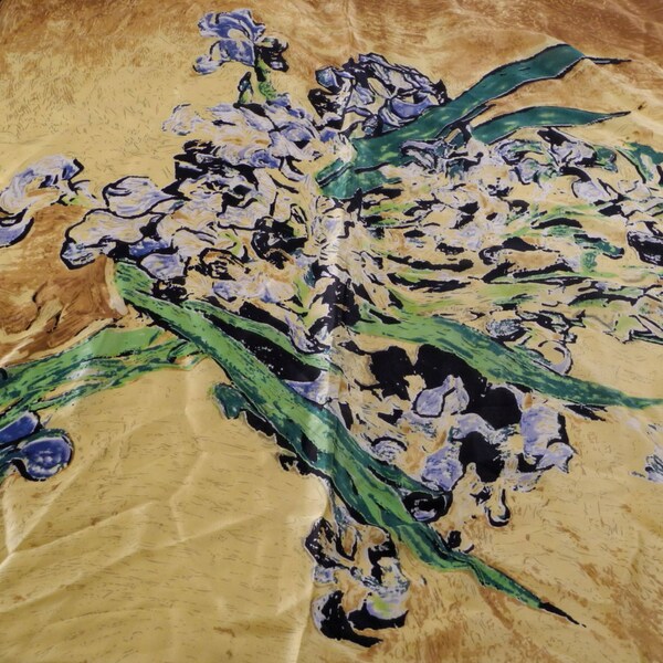 Sale Vintage Gold Silk Scarf with Blue Iris Bouquet Fine Art Large square scarf Free shipping
