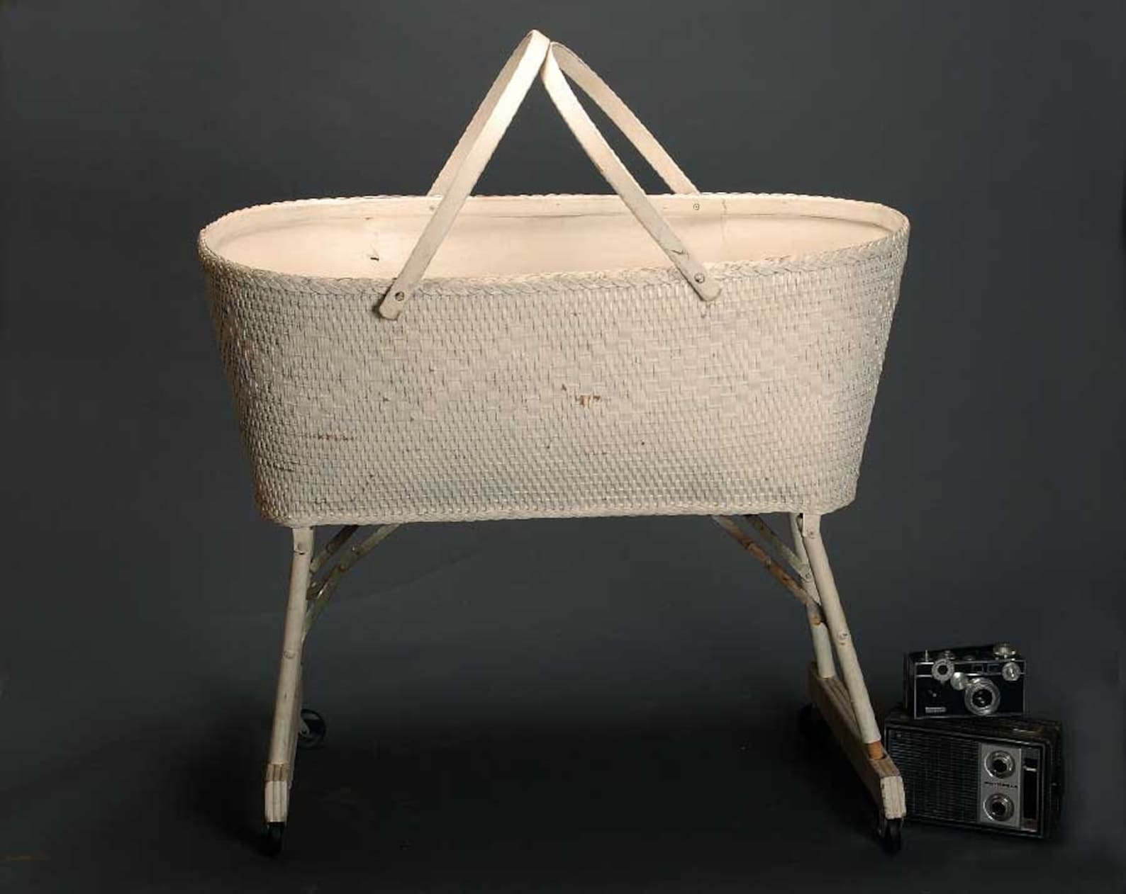 SALE Vintage White Wicker Baby Basket on Wheels Etsy