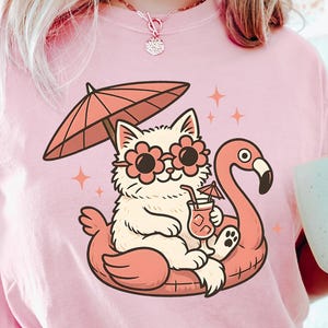 Kitten on the inflatable flamingo ring, Cute Cat T-shirt, Youth Cat Beach Tee, Cute Cat's Summer T-Shirt, Gift for Cats Lover, Cat Mom Tees