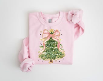 Christmas Tree Bow Shirt, Christmas Sweatshirt for Women, Christmas Tree Tshirt, Christmas Coquette Christmas Shirt