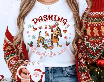Dashing through The Snow Slink Dog Christmas Sweatshirt, Disney Toy Story Merry Christmas Sweater, Disneyland Family Christmas Trip Tee
