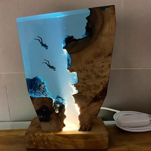 Scuba Diver Resin Lamp - Handmade Epoxy Night Light, Personalized Diving Gift, Unique Ocean Decor, Mother’s Day Gift, Home Accent Lighting