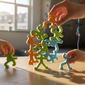 Op de afbeelding: Een houten evenwichtsspel met oranje, groene en blauwe gestileerde mensfiguren. Handen stapelen de figuren voorzichtig op een houten oppervlak, waardoor een toren ontstaat. Het spel is ontworpen voor vaardigheid en coördinatie.