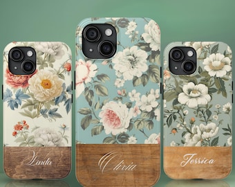 Coque de portable personnalisée à fleurs avec prénom, coque de portable personnalisée avec fleurs vintage prénom, cadeau personnalisé pour iPhone, Samsung et Google Pixel